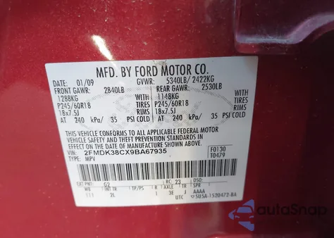 2009 Ford Edge Sel из США, поврежденный, VIN 2FMDK38CX9BA67935